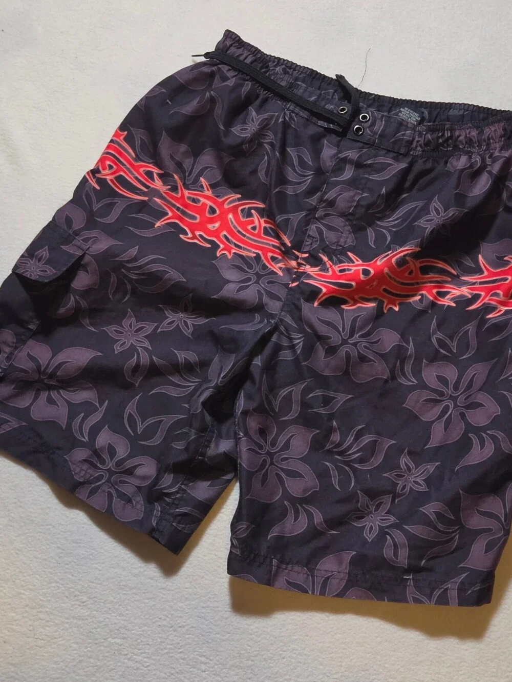 XL Men's Black Purple Floral Swim Trunks with Red Stripe Elastic Waist Cargo